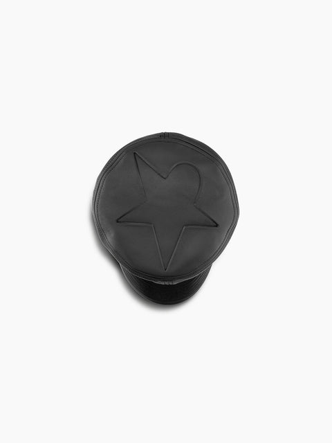 VAIN black lamb leather cap featuring a large debossed star on the crown and logo stitching on the visor.