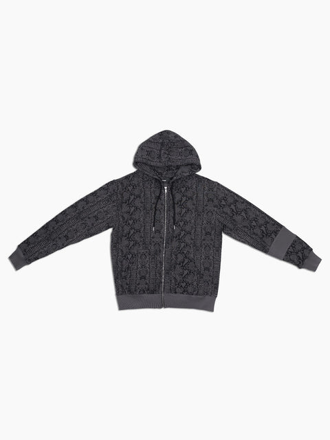 VAIN Skin Hoodie in grey snake print French terry cotton with a full-length front zipper and ribbed sleeve detail.
