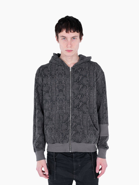 VAIN Skin Hoodie in grey snake print French terry cotton with a front zipper and rib detail on the left sleeve.